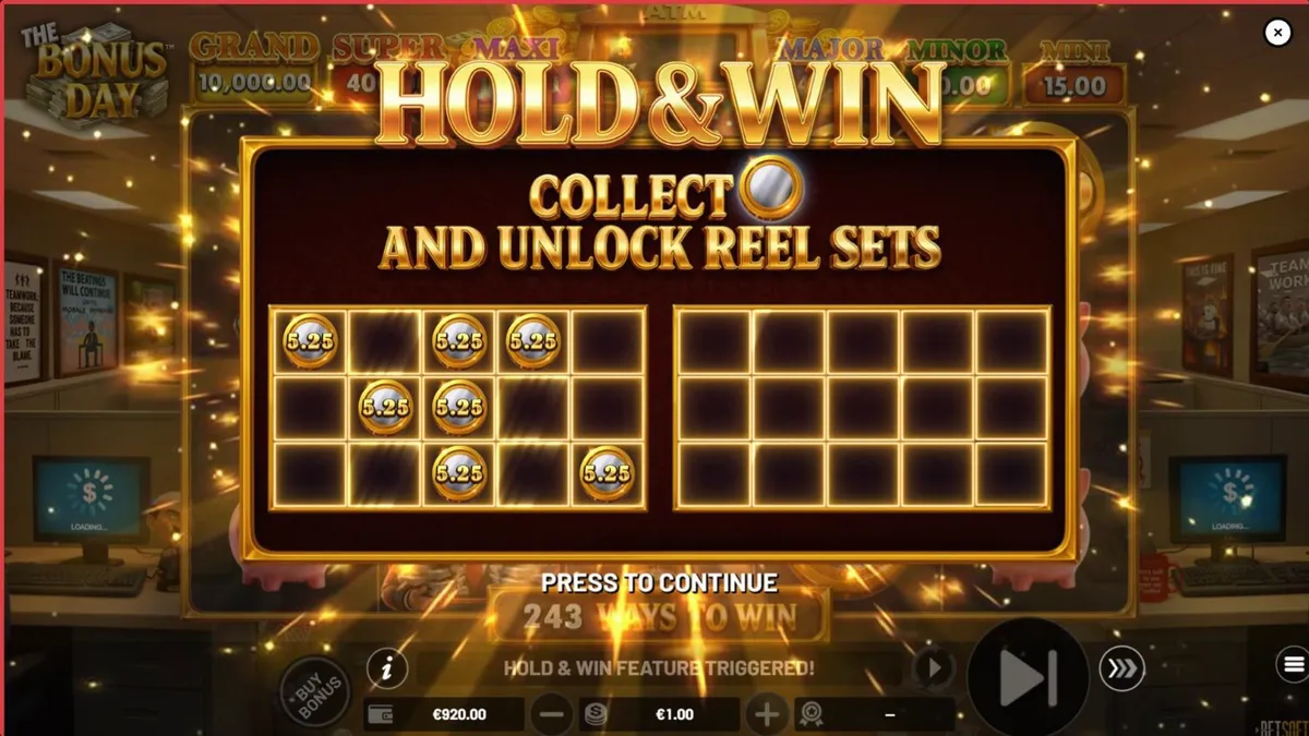 The Bonus Day slot machine interface featuring office-themed symbols and cubicle aesthetics
